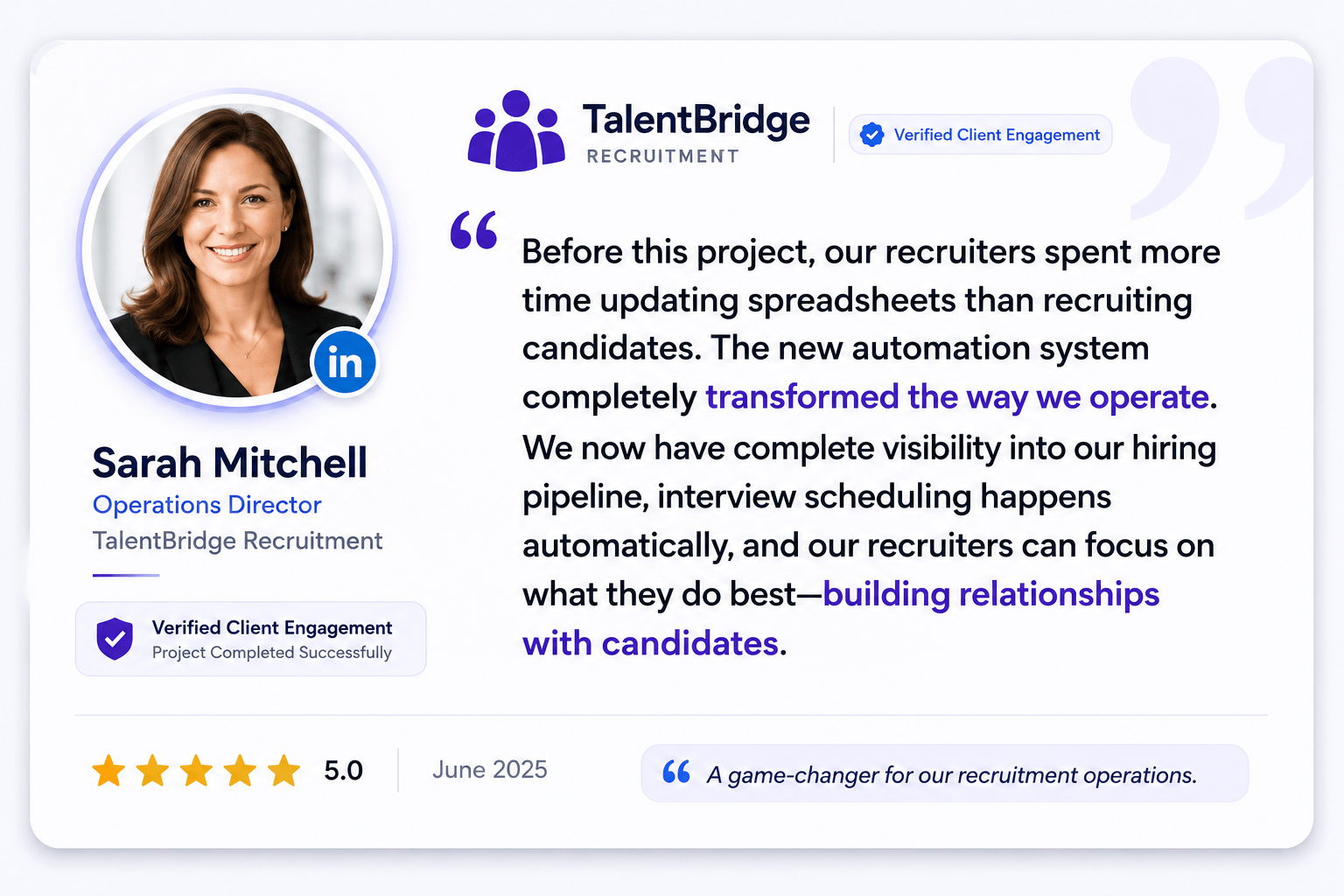 TalentBridge Recruitment - LinkedIn Recommendation Card